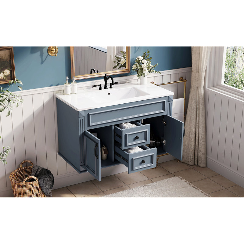 Armoire murale 36 po avec lavabo et tiroirs en céramique, meuble-lavabo simple de style français avec charnières à fermeture douce