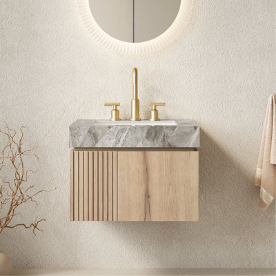 Meuble-lavabo de salle de bain 24 po MURI, armoire de rangement en contreplaqué flottant avec 2 portes, comptoir en pierre frittée gris clair et lavabo en céramique avec 3 trous de robinet pré-percés, pré-assemblé