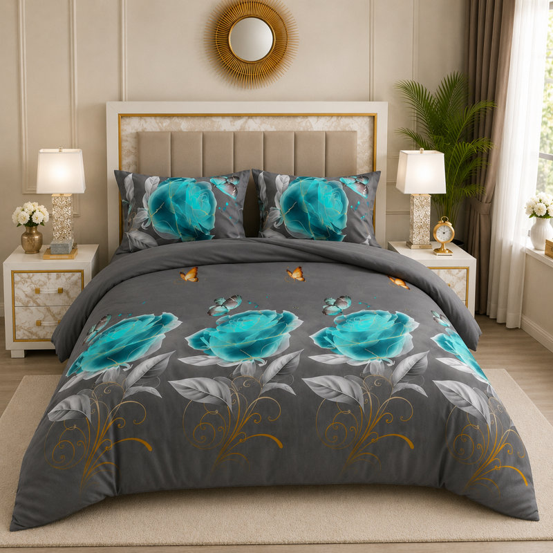 Microfiber Floral Duvet Cover Set, Double Duvet Cover + 3 Additional Pieces