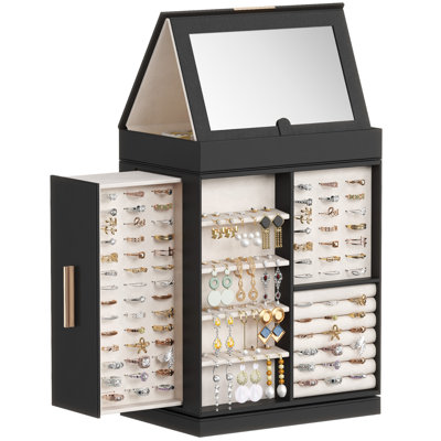 360° Rotating Jewelry Box, Top Magnetic Box Wth Mirror, 2 Sides Plus 2 Large Drawers, Jewelry Organizer And Storage Case For Ring Necklace Earring Bracelet, Gift Idea, Inky