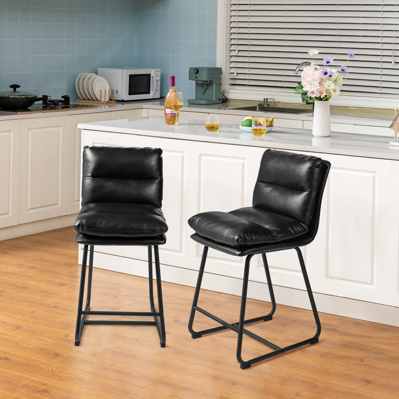 Modern Thick Upholstered Bar Stool and Counter Stool with Metal Frame, Black, 25.75"