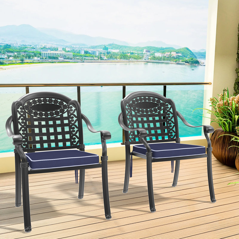 2 fauteuils de patio en fonte d'aluminium, finition noire, solide et résistante aux intempéries, chaise avec coussins confortables, 2 pièces, noir, structure protégée, coussins confortables, conception empilable