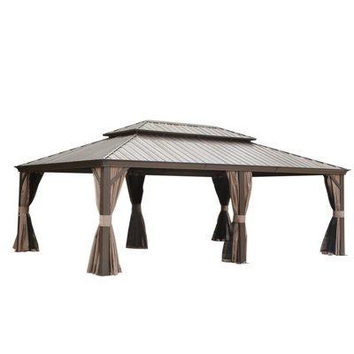 Outdoor Gazebo 14X22ft Brown - Aluminum Frame, Galvanized Steel Roof, Built-In Gutter System, Curtain & Netting For Patio Metal Deck, Brown. Double Roof And Aluminum. System. Privacy Resistance