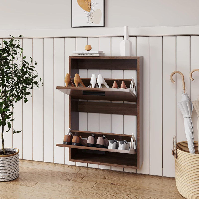 Shoe Cabinet , Wall Mounted Shoe Organizer With 2 Flip Drawers, Walnut, 29.5" H x 19.7" W x 6.3" D