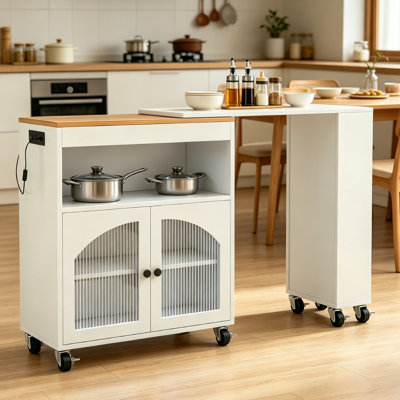 Kitchen Island Cart with Extended Table, Storage Cabinet, Side 3 Open Shelves, Kitchen Island Table For Kitchen On Wheels