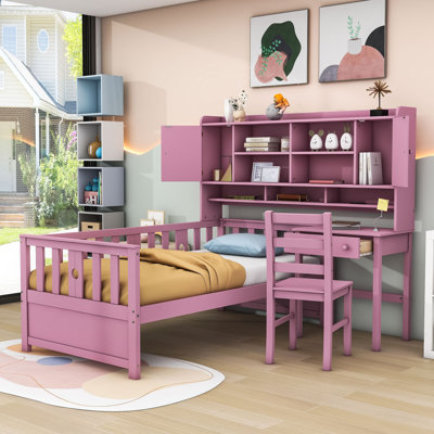 Twin Wooden Platform Bed with Built-in Desk and Shelves