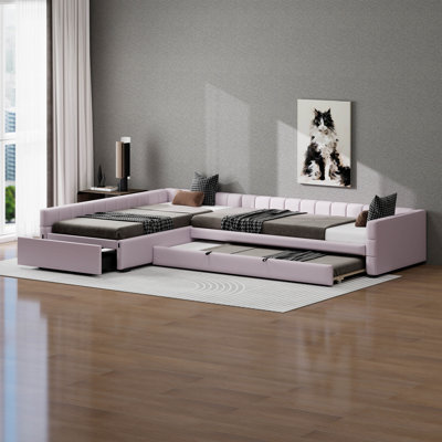 L-Shape Double Twin Size Upholstered Daybed with Storage Drawer and Twin Size Trundle, 3-in-1 Corner Sofa Bed with Slats