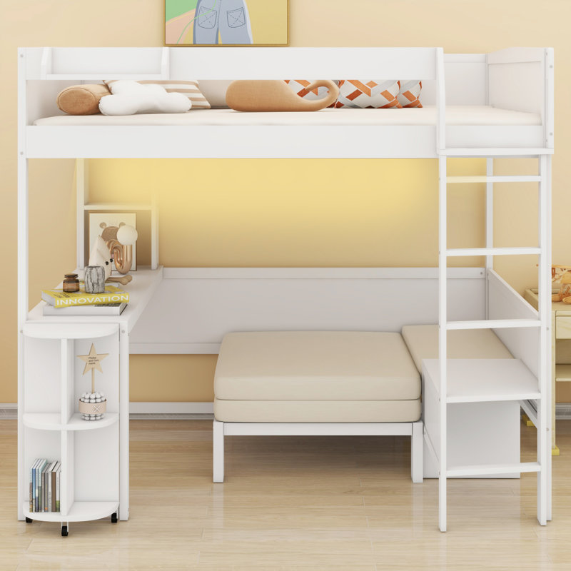 Multi-Use Loft Bed with Desk, Shelf, Sofa and Light, White