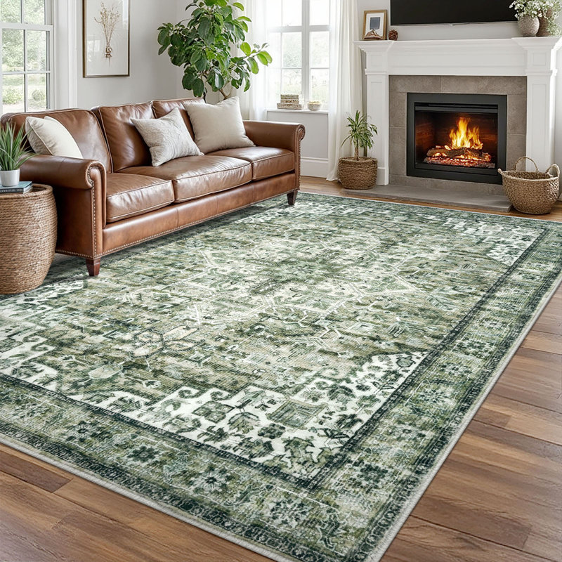 Washable Oriental  Area Rugs Non slip Green Rugs, Rectangle 8' x 10'