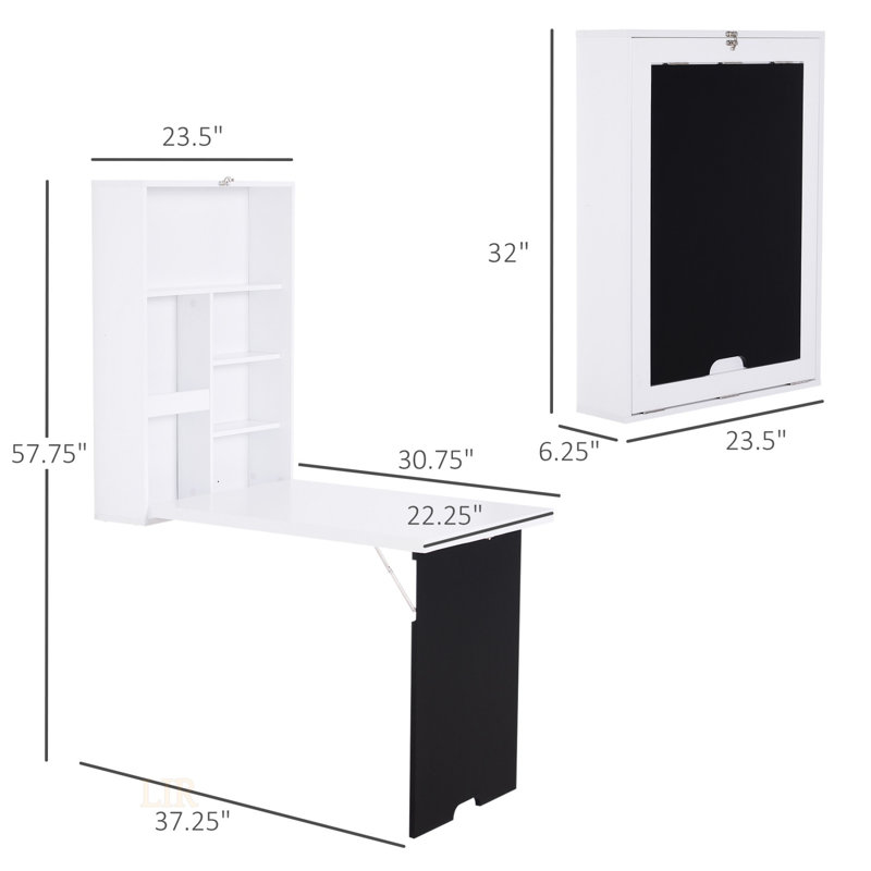 Bureau mural pliable avec tableau noir, tablettes flottantes convertibles pour petits espaces, blanc