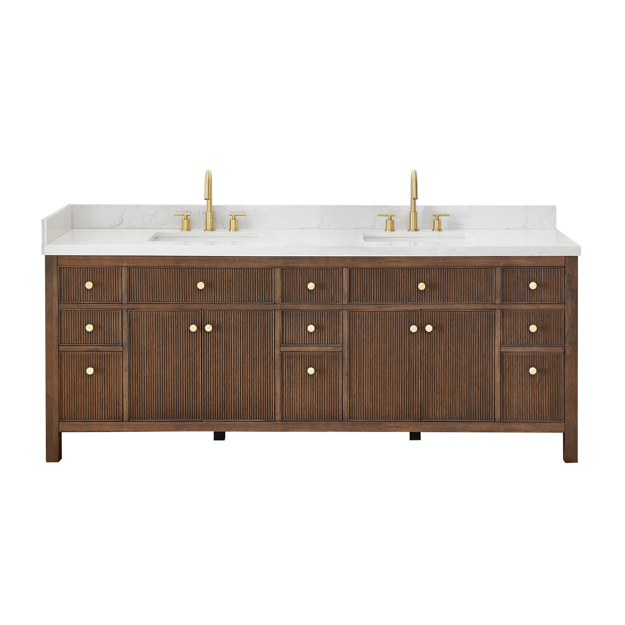 Lala 84" Double Bathroom Vanity with Grain White Engineered Stone Countertop without Mirror, Brown Brushed Oak