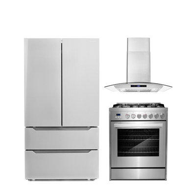 Cosmo 3 Piece Kitchen Appliance Package with French Door Refrigerator 30'' Gas Freestanding Wall Mount Range Hood