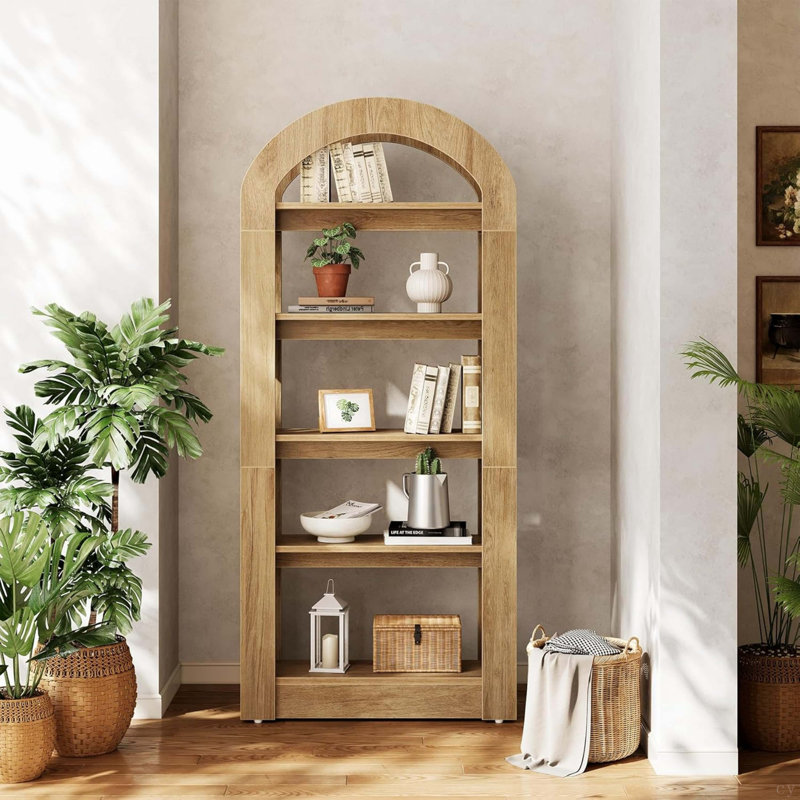70.86" Tall 5-Tier Teak Arched Bookshelf, Modern Wood Bookcase Display Shelffor Apartment, Office, Bedroom & Living Room