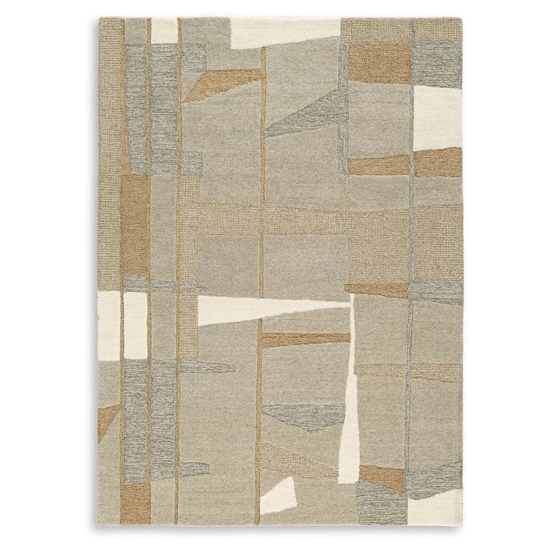 Tapis 8 x 10 Teon, motif géométrique tissé à la main, laine gris taupe