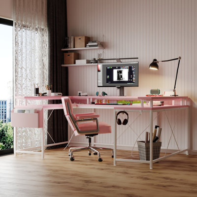 126" Reversible U & L Shaped Gaming Computer Desk with Built-In Monitor Stand, LED Lighting Strip & Integrated Power Outlets, Large Multi-Corner Workstation for Gaming, Streaming & Home Office Setup