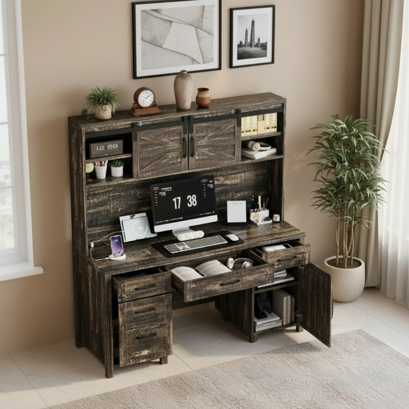 Bureau de direction Farmhouse avec huche, portes de grange coulissantes, armoire de rangement et 5 tiroirs, Gris