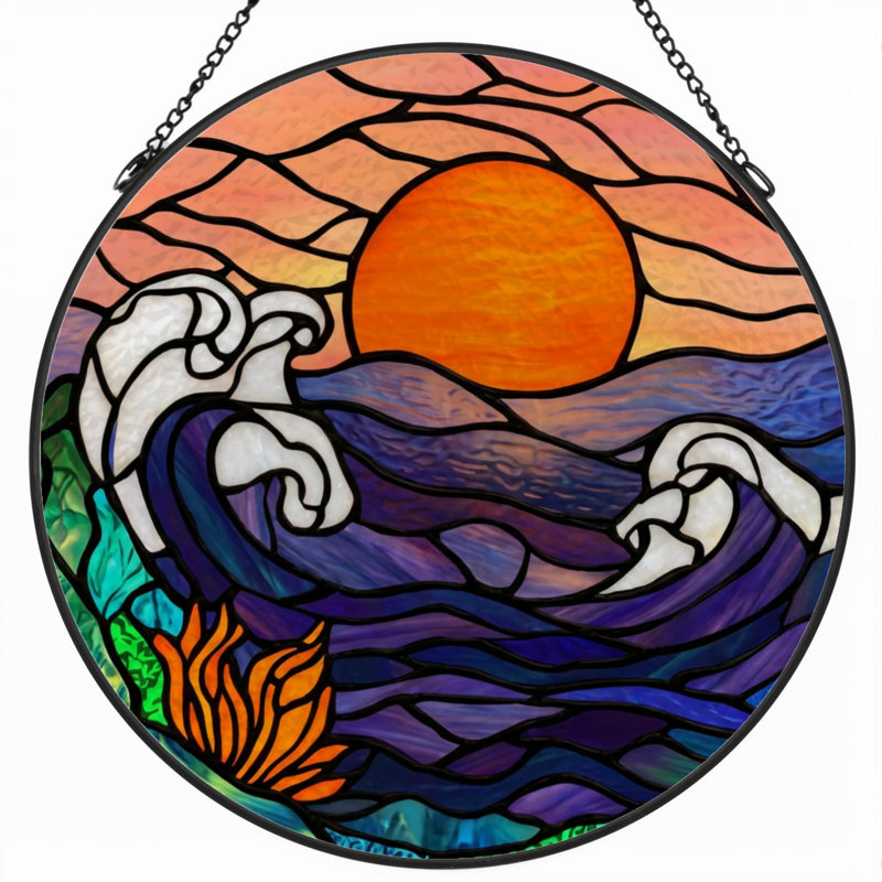 7.8"H Ocean Sunset Stained Glass Window Panel, 7.8" H x 7.8" W