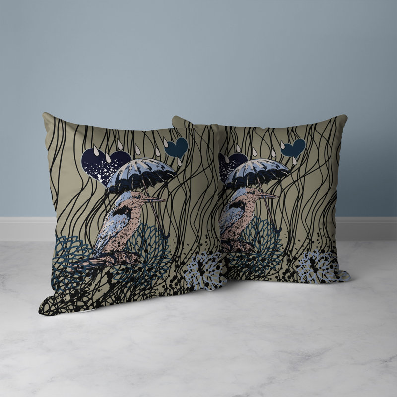 Coussin décoratif réversible Bird / Umbrella, H 16 po x l 16 po, Bleu / jaune / gris