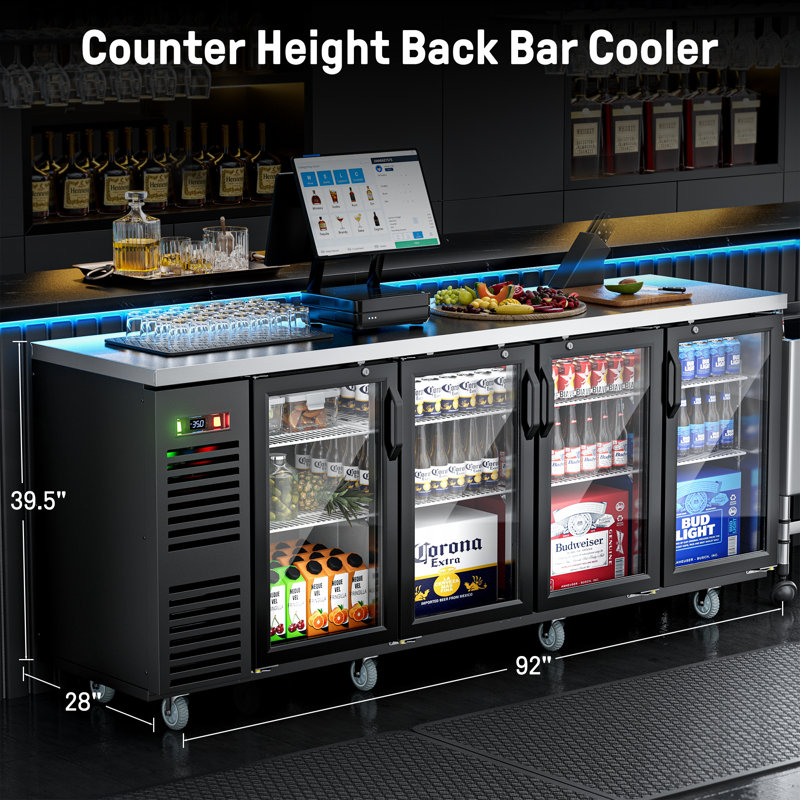 Glacière de bar commerciale à l'arrière 92 po avec 4 portes en verre Coolake, 33-41 ℉, 32,5 pieds cubes Réfrigérateur à barre arrière en acier inoxydable avec éclairage à DEL, réfrigérateur à boissons à l'arrière pour bar, cuisine, bureau, véhicule récréatif