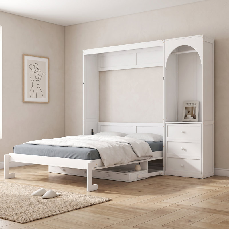 Grand lit escamotable, grand lit escamotable pliable avec tablette de rangement, tringle à DEL et 3 tiroirs, White