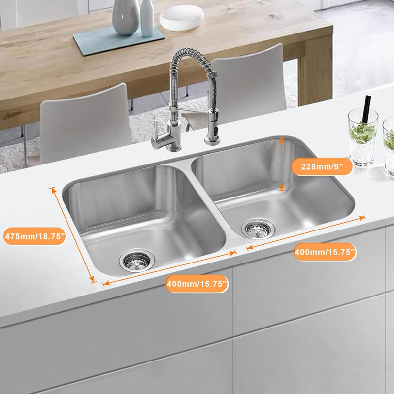 Évier de cuisine à double cuve en acier inoxydable de calibre 18 34,8 po x 20,75 po x 9 po