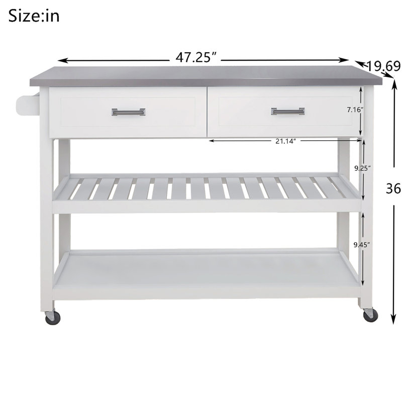 Chariot de cuisine en acier inoxydable avec plateau blanc et 2 tiroirs pour une installation pratique du garde-manger, espace de rangement efficace