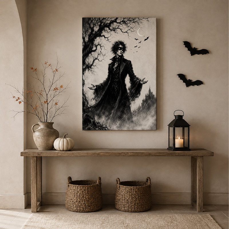 Art mural sur toile noir et blanc avec un homme gothique près du château et de la lune, H 18 po x l 12 po
