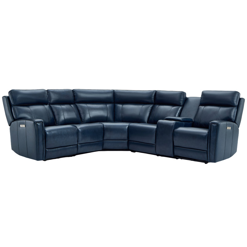 6-Piece, 3 Power recliners Leather Reclining Sectional, Power headrest  , Navy Blue Genuine Leather, Power - Push Button