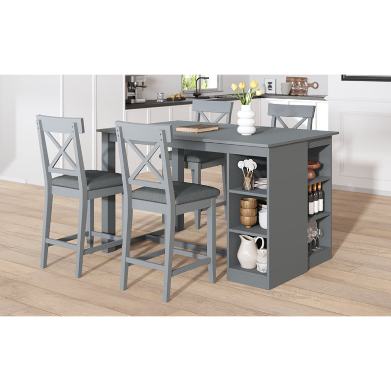 Ensemble de table de salle à manger à hauteur de comptoir en bois massif L 60 po x l 30 po avec tablettes de rangement à 3 niveaux et chaises rembourrées pour 4, 5 pièces TopMAX