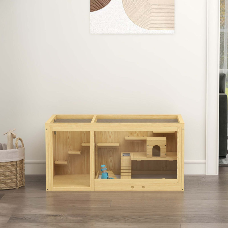 Versatile Wooden Hamster Cage with Multiple Play Features and Easy Maintenance
