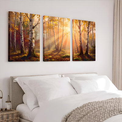 Ensemble de 3 toiles murales représentant un paysage de forêt de bouleaux en automne