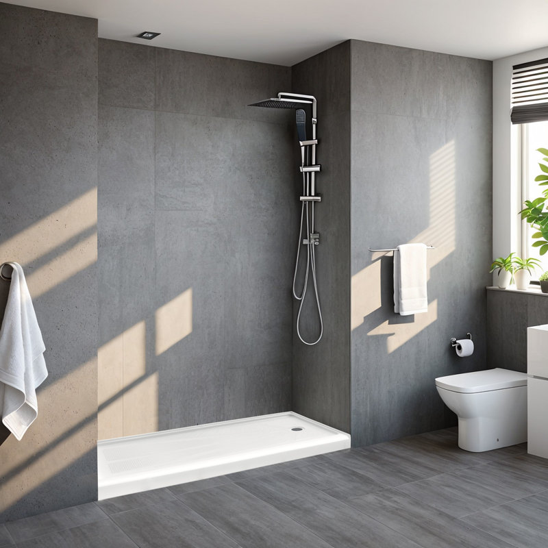 60"W x 34"D Solid Surface Single Threshold Shower Base, Non-Slip Shower Pan,Right Drain Location, Right, White