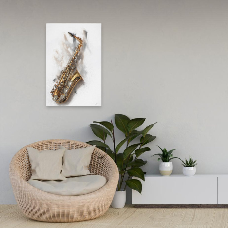 Saxie cornée I - Art contemporain de style saxophone de campagne avec saxophone de campagne moderne, H 16 po x l 24 po