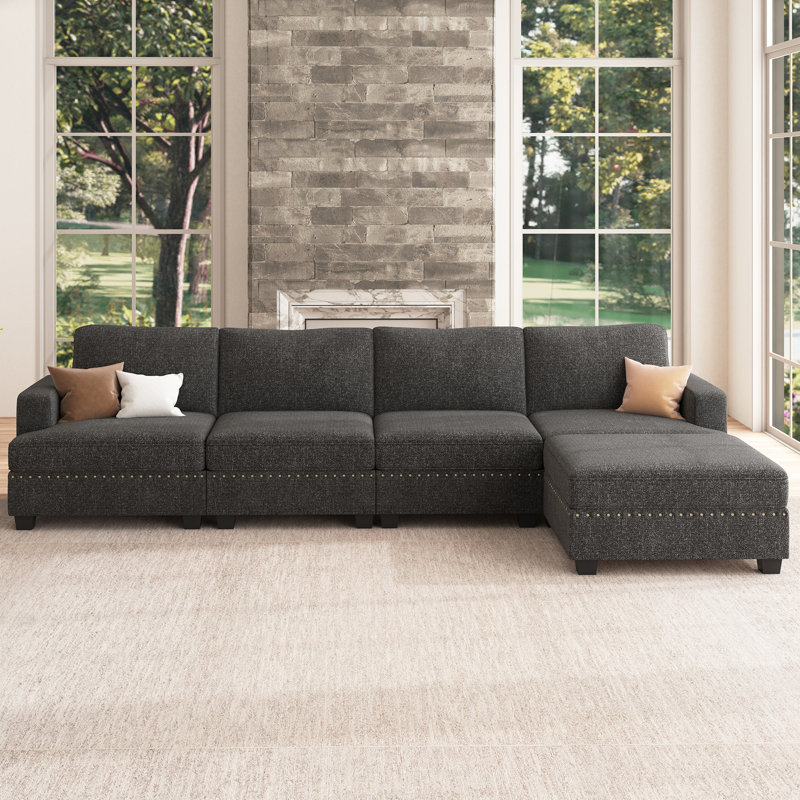 Anureet L shaped Modular Sectional Sofa Gray Sofa with Chaise, Dark Gray Polyester