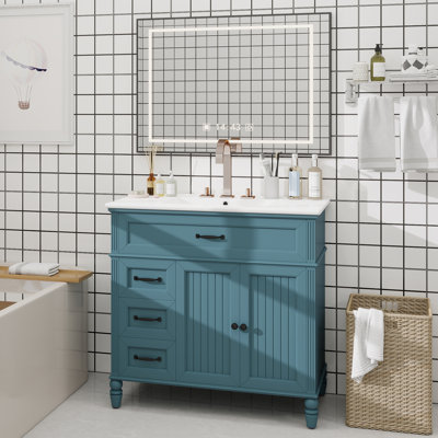 Meuble-lavabo 36 po avec lavabo, armoire de salle de bain bleue avec tiroirs, cadre solide et panneau de fibres à densité moyenne, un paquet