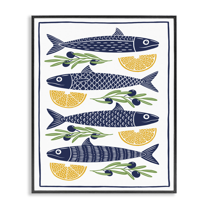 Poisson, citron, olives, estampe numérique, design par Bex Morley Design, H 14 po x l 11 po, Giclée encadrée noir minuit