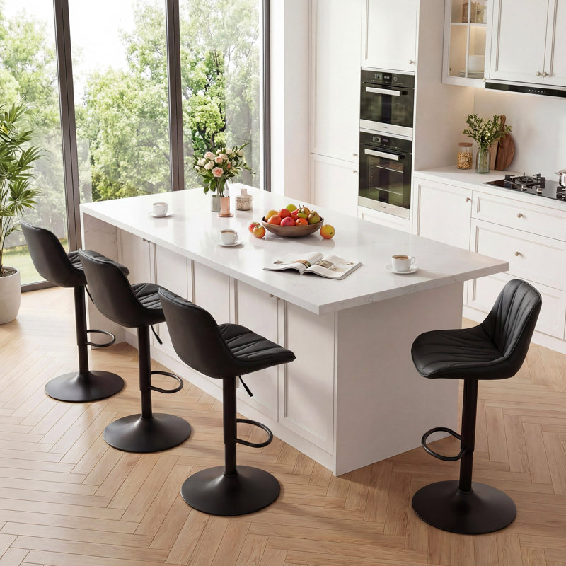 Modern Height Adjustable Swivel Bar Stools Upholstered Leather Barstool Kitchen Island Chairs With Metal Frame, Black