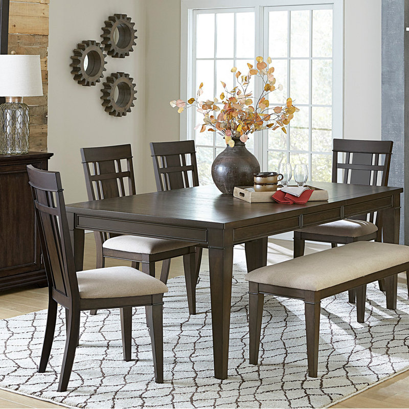 Pc Dining Set Expandable Table With Bench And X Side Chairs  Fabric Upholstered Seat Classic Look Dining Wooden Furniture