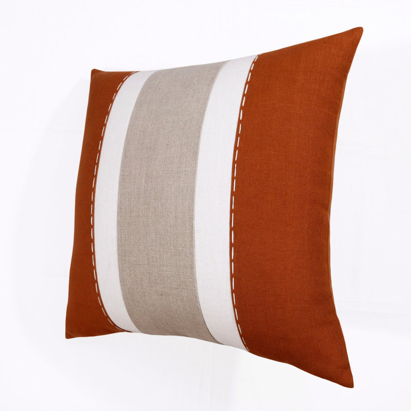 Housse de coussin carré rayée en lin, Rouille / Gris, polyester