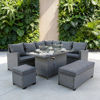 Right Facing Corner 9 Seater Fire Pit Set With Bench And Stool & Furniture Cover