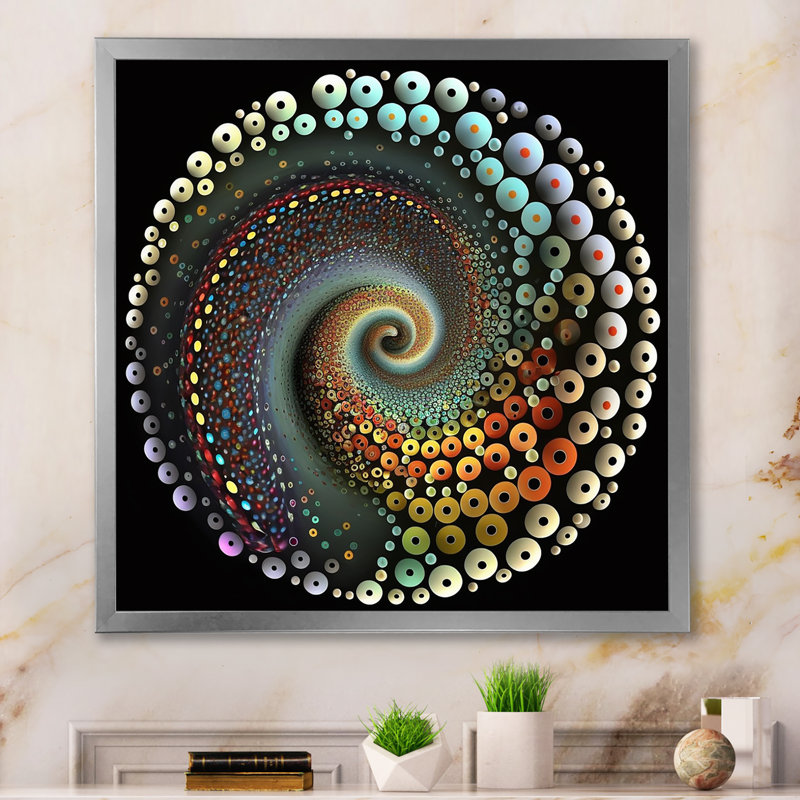 Iridiscdent pointillisme spirale rétro arc-en-ciel, H 16 po x l 16 po x P 1 po, Cadre simple argenté
