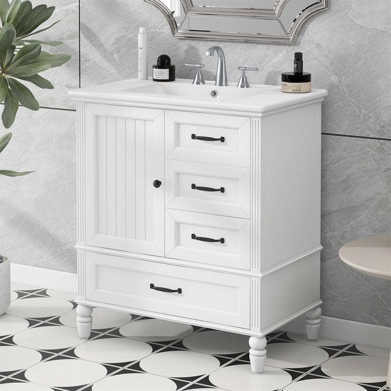 Meuble-lavabo sur pied simple 30 po avec lavabo en céramique, portes et tiroirs à fermeture en douceur, Blanc/Noir