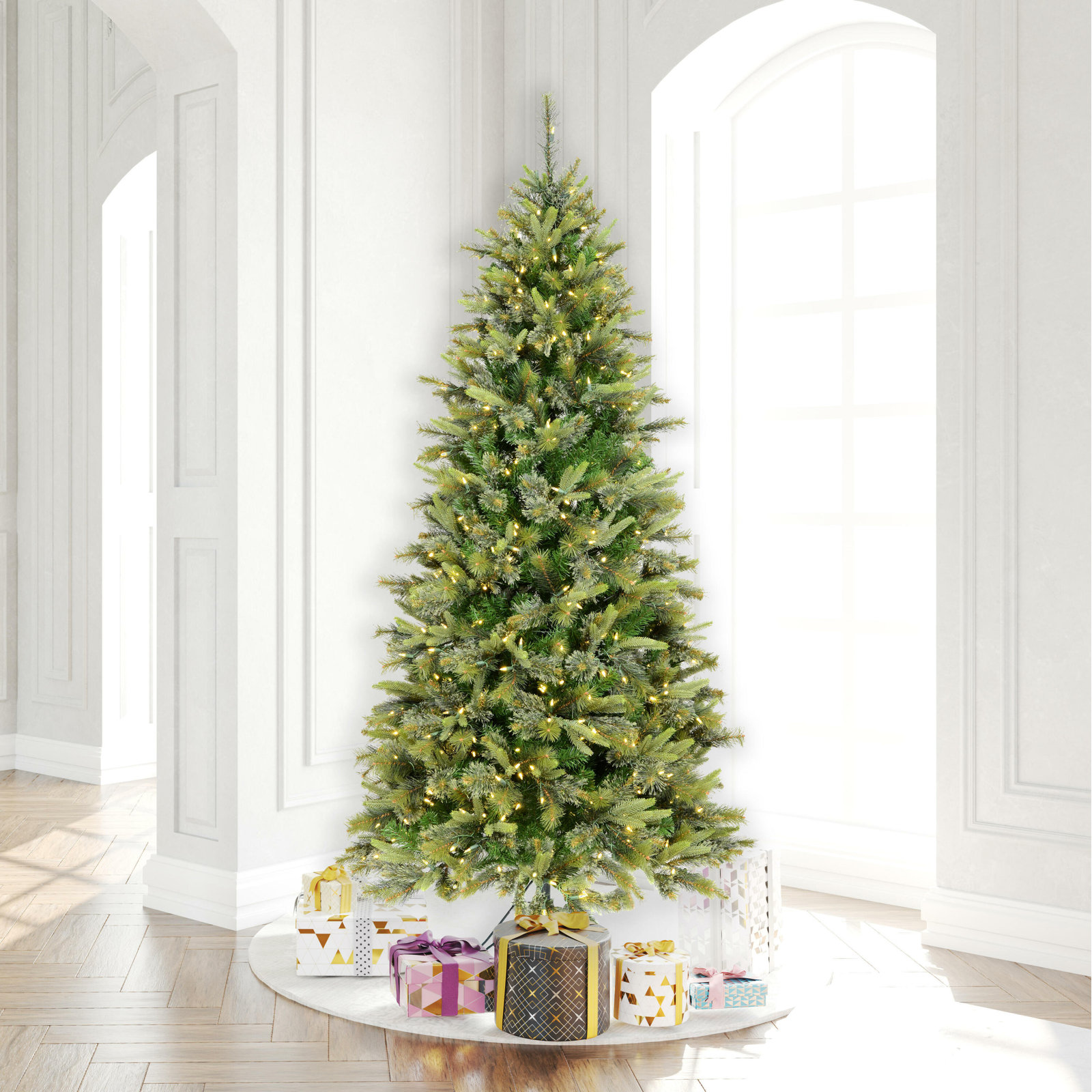 Green Pine Flocked Pre-Lit Pine Christmas Tree, 8.5' H, Warm White LED