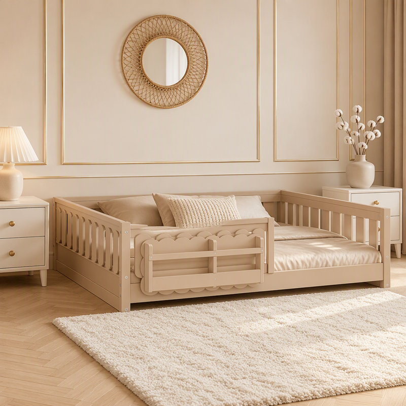 Lit plateforme en bois pleine grandeur avec garde-corps et tablettes de rangement, naturel, Naturel