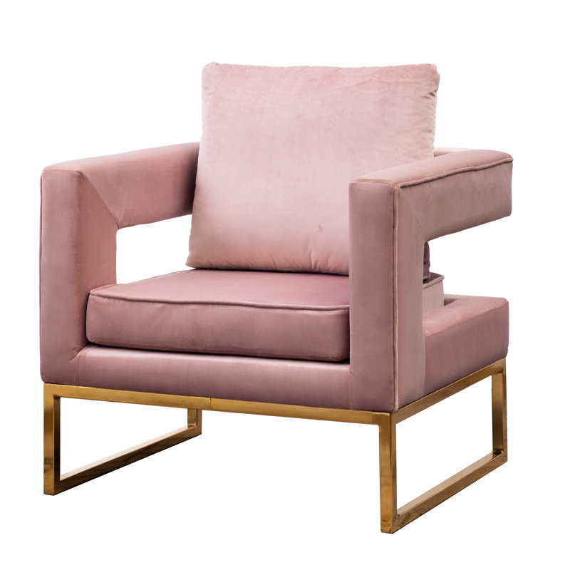 Élégante chaise rembourrée en velours rose avec découpes et base solide en métal doré, Rose