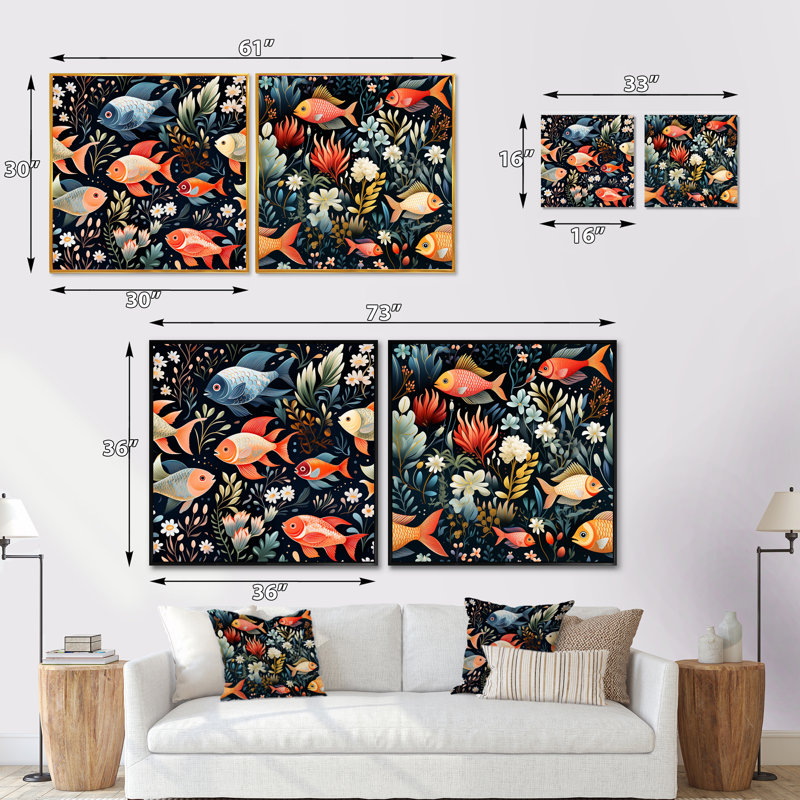 Poisson bleu et océan multicolore - ensemble de 2 animaux carrés, Cadre flottant noir, H 16 po x l 33 po