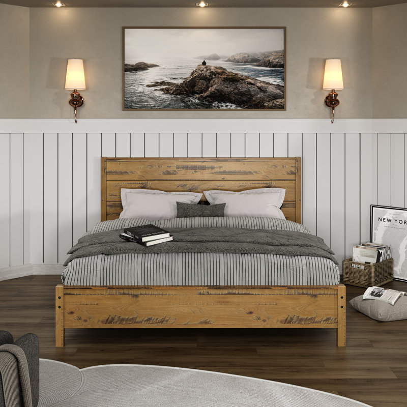 Hibir Farmhouse Solid Wood Panel Bed With Chunky, Sturdy Posts - Rustic Style, Queen, Oak Driftwood
