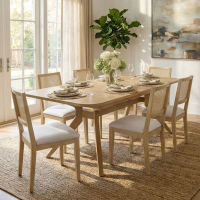  Coastal Extendable Oak Dining Set With 6 Rattan Back Chairs