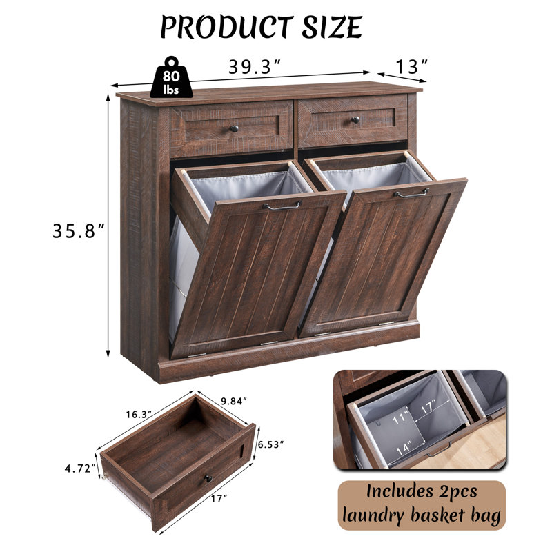 Armoire à paniers à linge inclinable Ahart, H 35,8 po x l 39,3 po x P 13 po, Brun