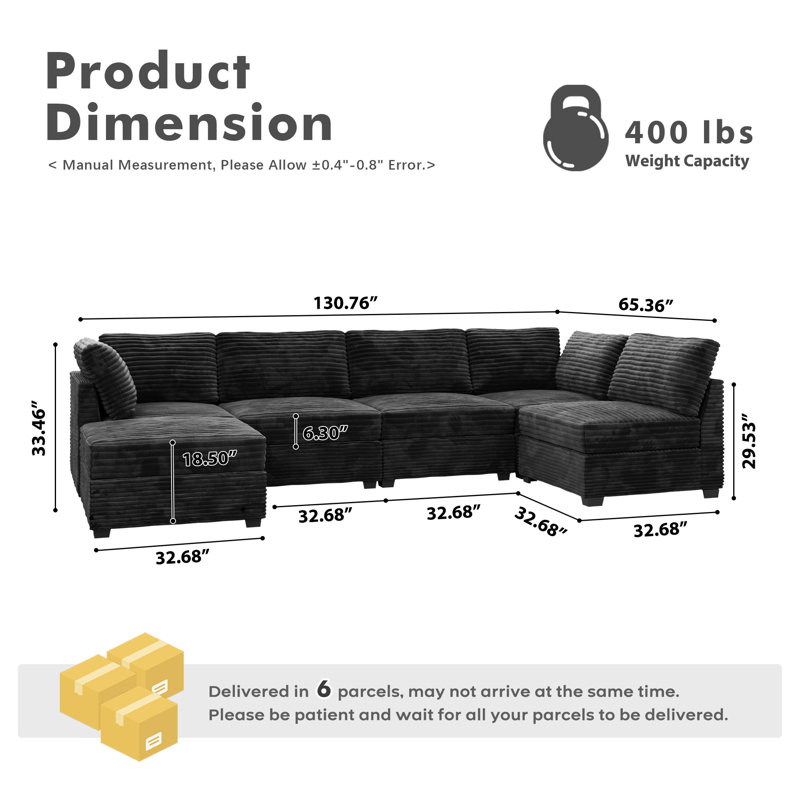 6-piece Modular Corduroy Sectional Sofa With Ottoman, Deep Seat Cloud Couch For Living Room & Bedroom, Easy To Assemble, Soft Upholstered Modern U&l-shaped Sofa